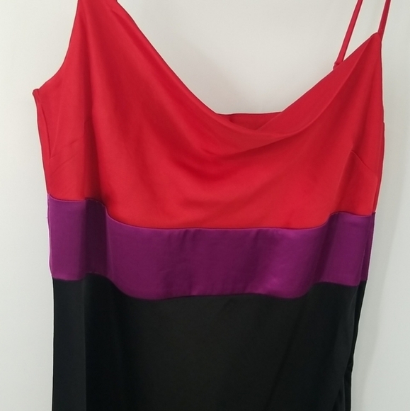 Express Black Satin Color Blocked w Red & Purple Cowl Neck Midi Slip Dress - Picture 6 of 16